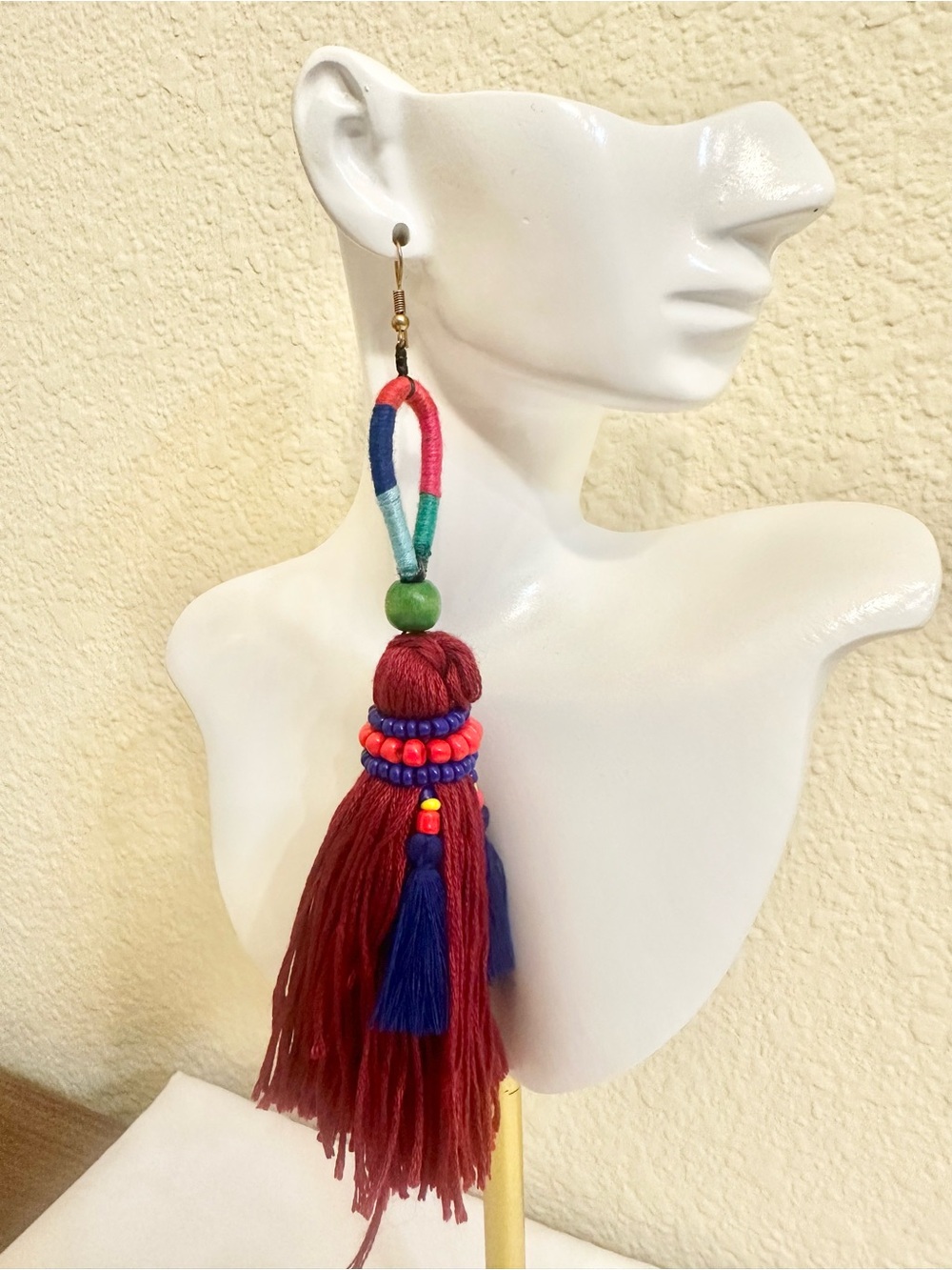 7” Handmade Boho Multicolor Tassel Statement Earrings - Red & Blue